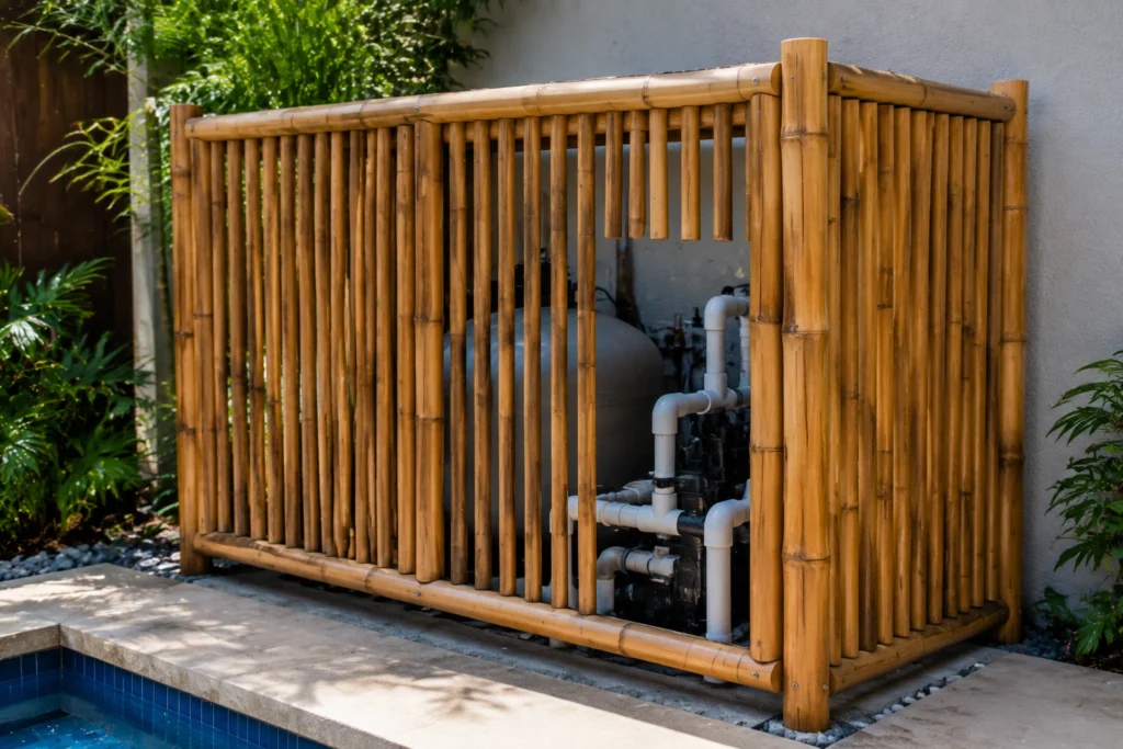 Bamboo enclosure with pool equipment