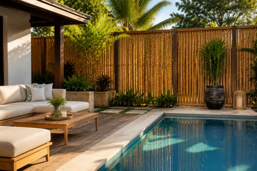 Bamboo screen creating pool privacy