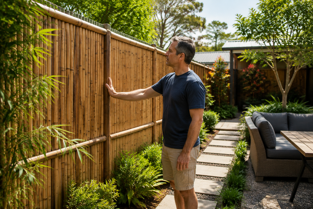 Homeowner inspecting bamboo fence panels outdoors