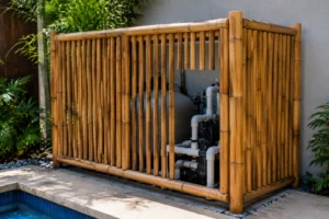 Bamboo enclosure with pool equipment