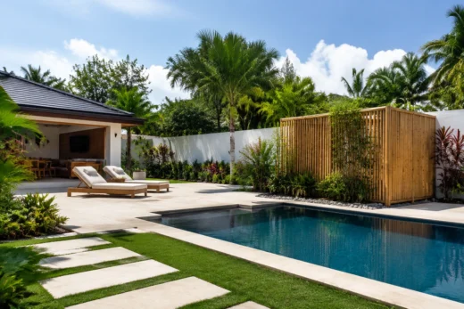Bamboo screen around pool equipment