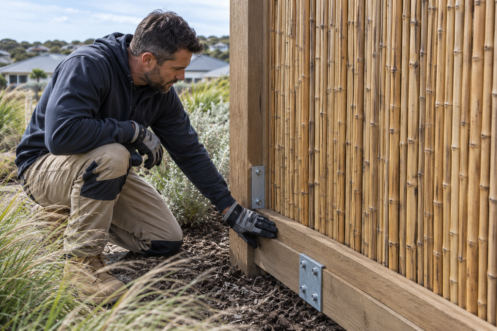 Installer inspects a framed bamboo privacy screen near coast