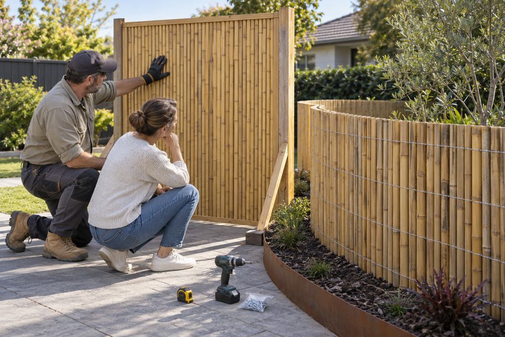 Bamboo panels and rolled screening compared before installation