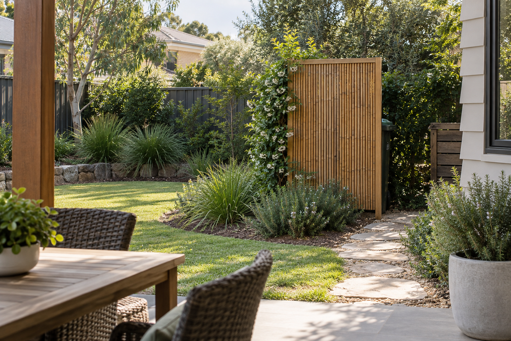 Bamboo garden screening conceals bins besides the patio