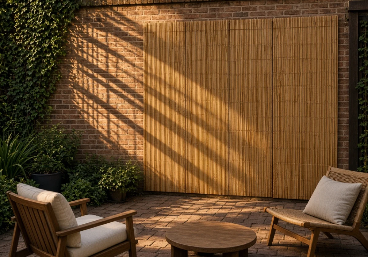 Brick courtyard wall at golden hour with newly installed vertical