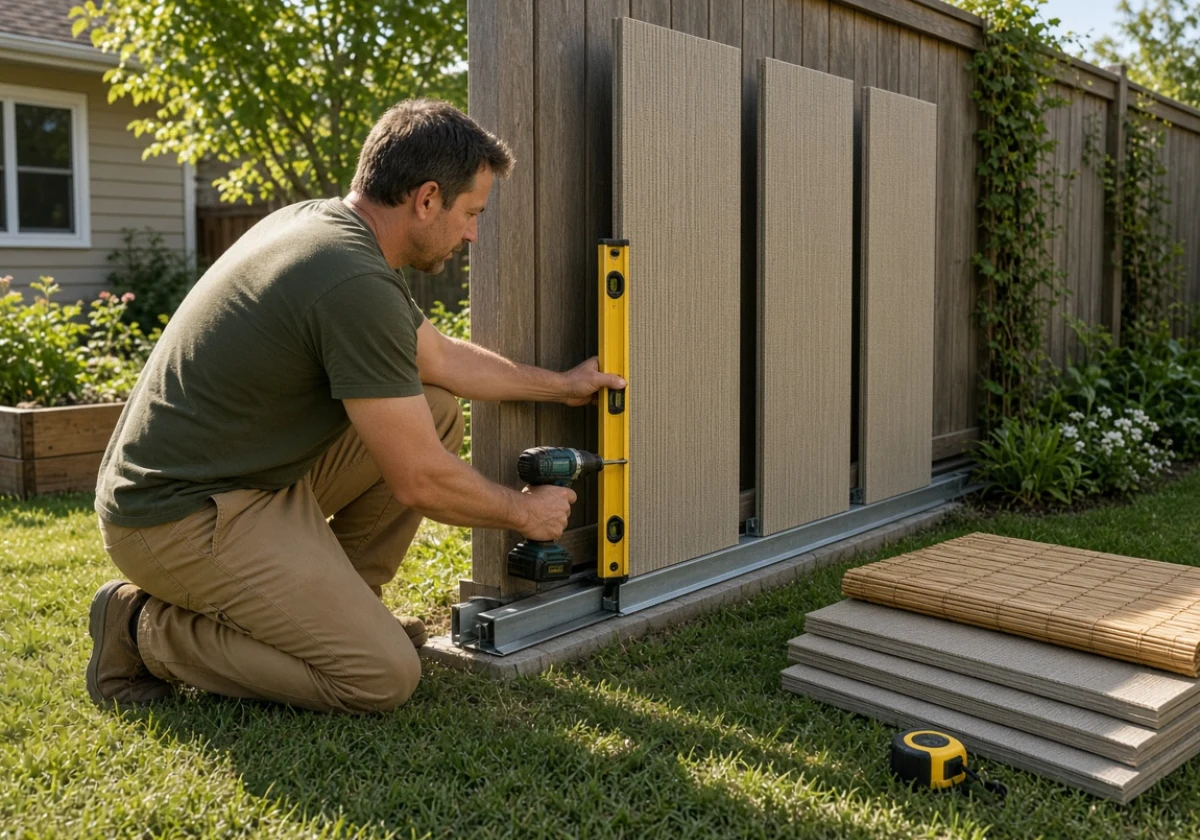 Builder or homeowner installing privacy screening panels into metal