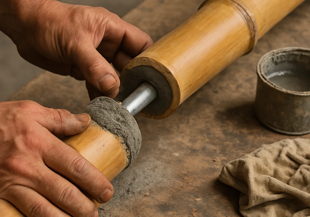 Builder's hands installing a steel pin joint between two hollow