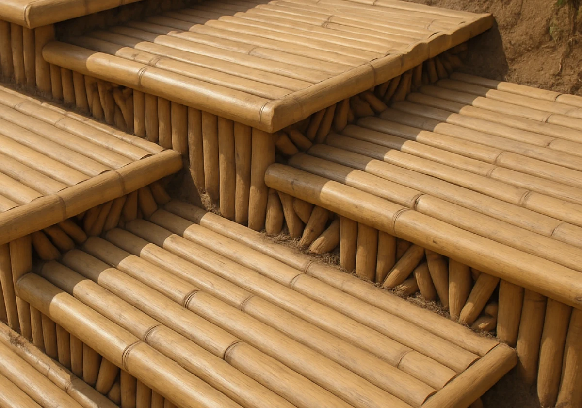 Close-up from a neighbour's perspective of overlapping bamboo panels