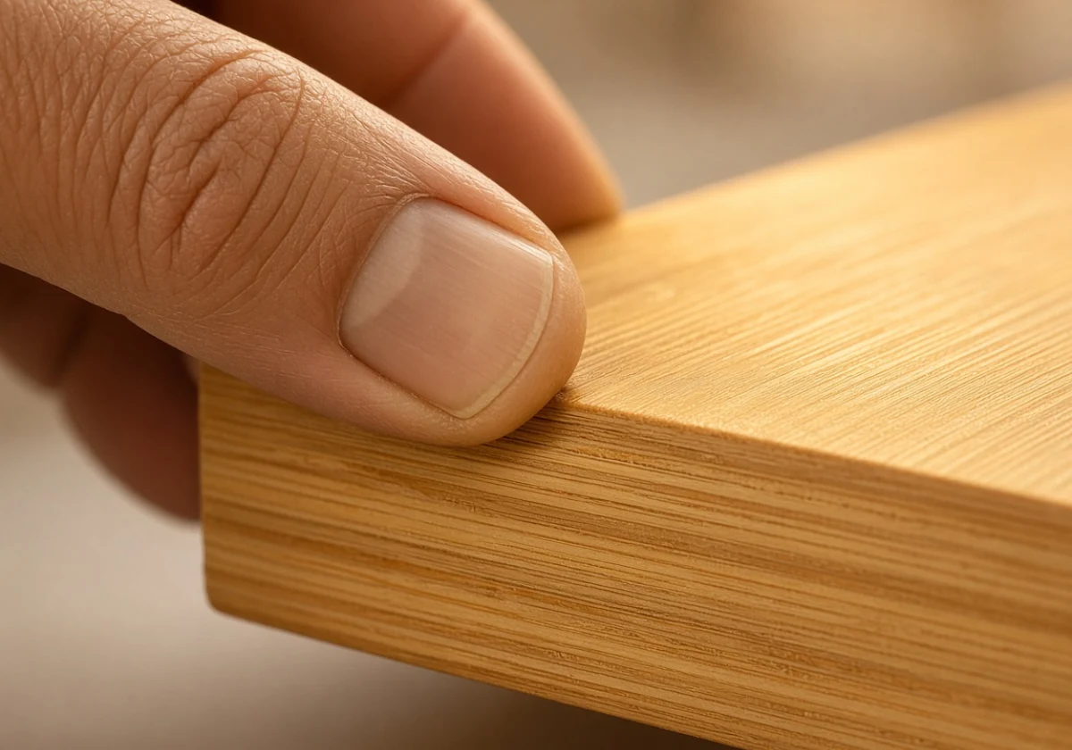 Close-up of a hand pressing a thumbnail into the cut edge