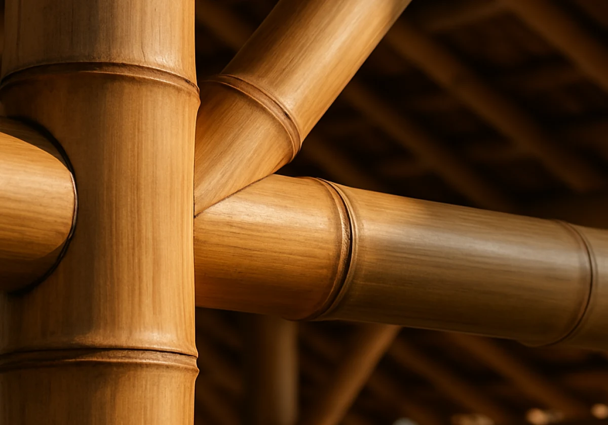 Close-up of joined bamboo poles in a timber-frame structure