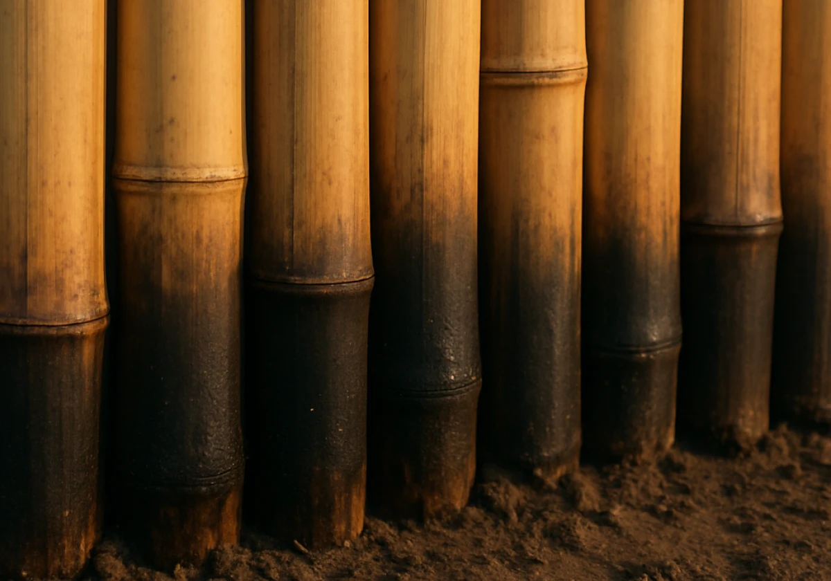 Close-up of the lower edge of bamboo fence canes at ground level