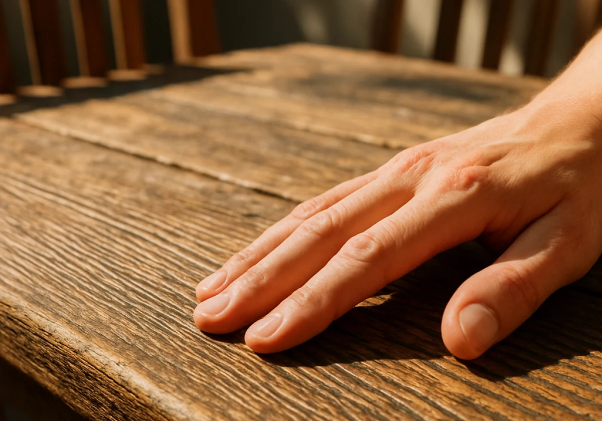 Close-up photograph of a weathered wooden dining table