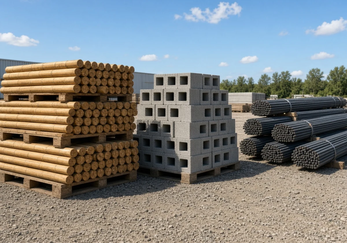 Construction materials yard in daylight showing three material piles