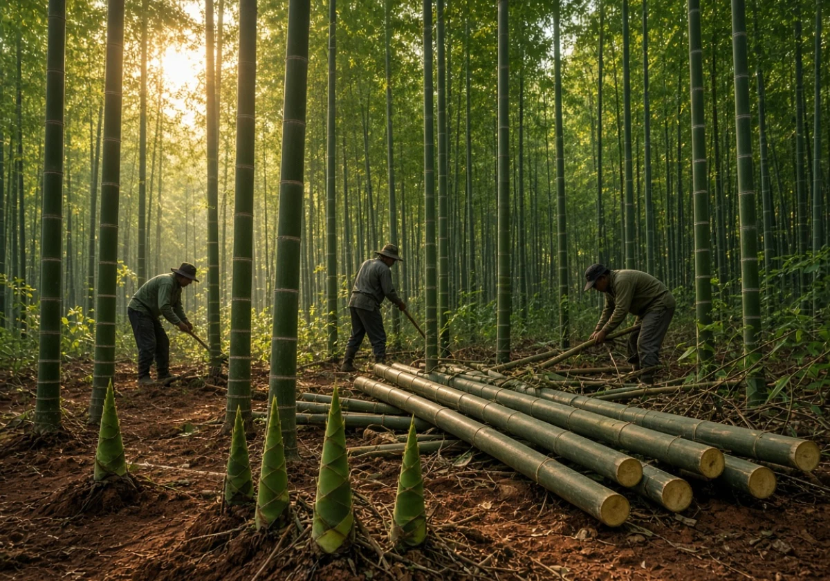 Dense bamboo plantation at dawn with workers in work clothes