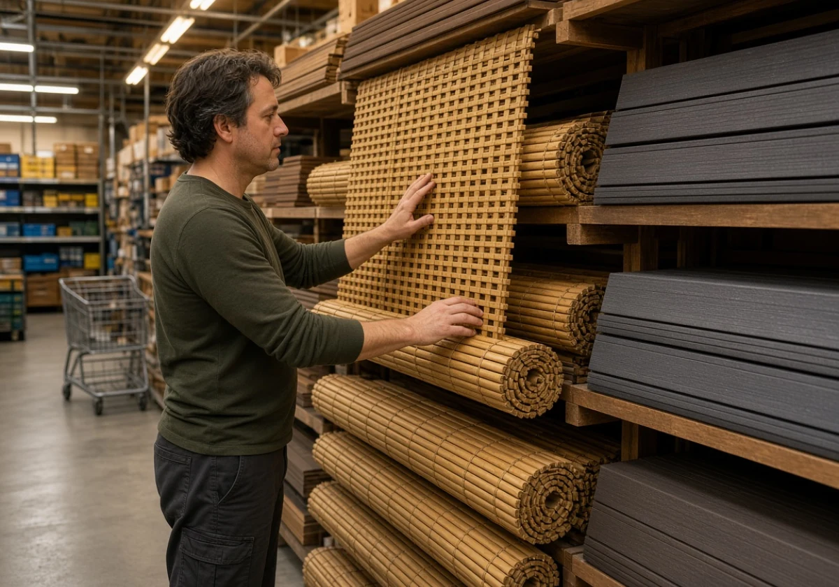 Hardware store aisle where a customer in casual clothing examines