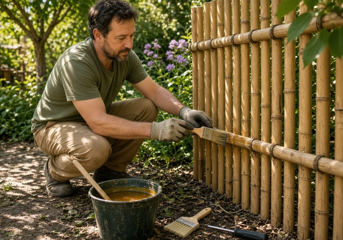 A homeowner staining his bamboo fence in his backyard