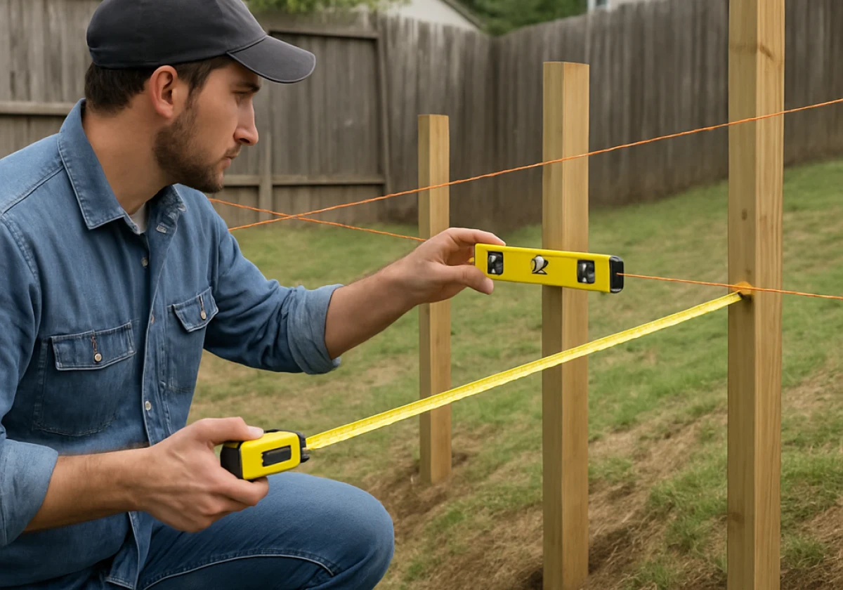 Homeowner with a spirit level and measuring tape checking string