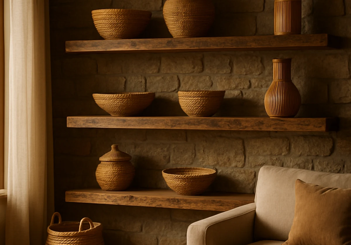 Living room corner featuring reclaimed timber shelving mounted