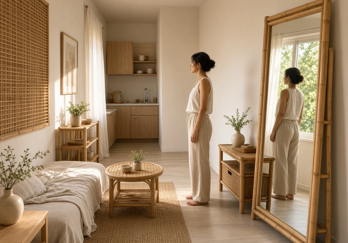 Narrow studio apartment with pale bamboo furniture and a large mirror