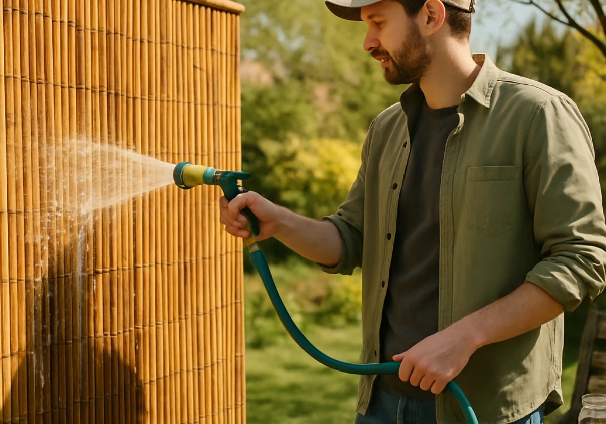 Person in casual outdoor clothes using a hose to rinse down a bamboo