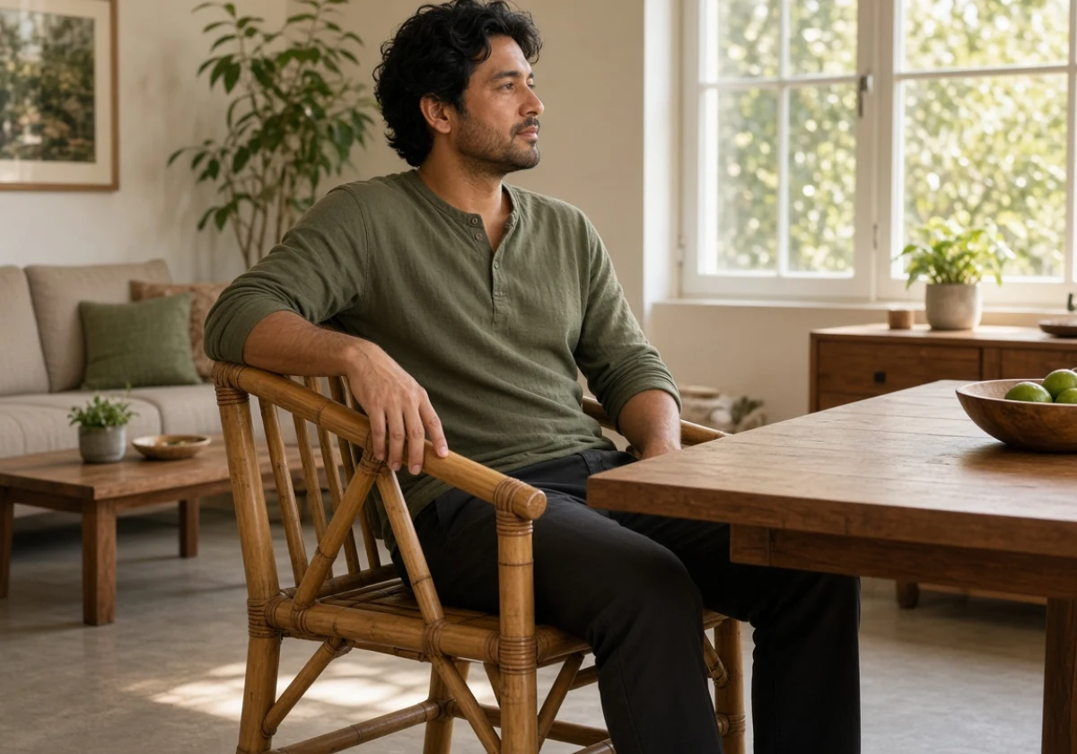 Person sitting at a dining table in a living room