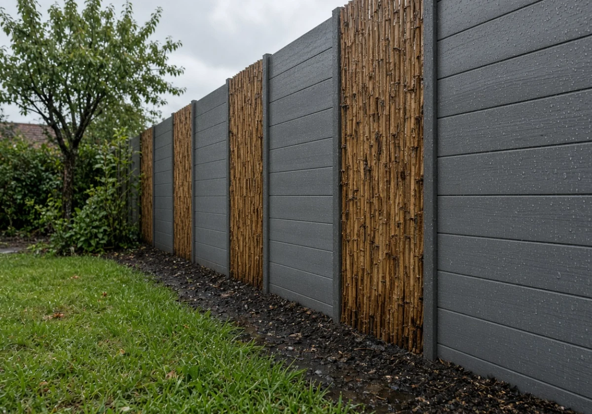 Residential garden fence line during rain or immediately after