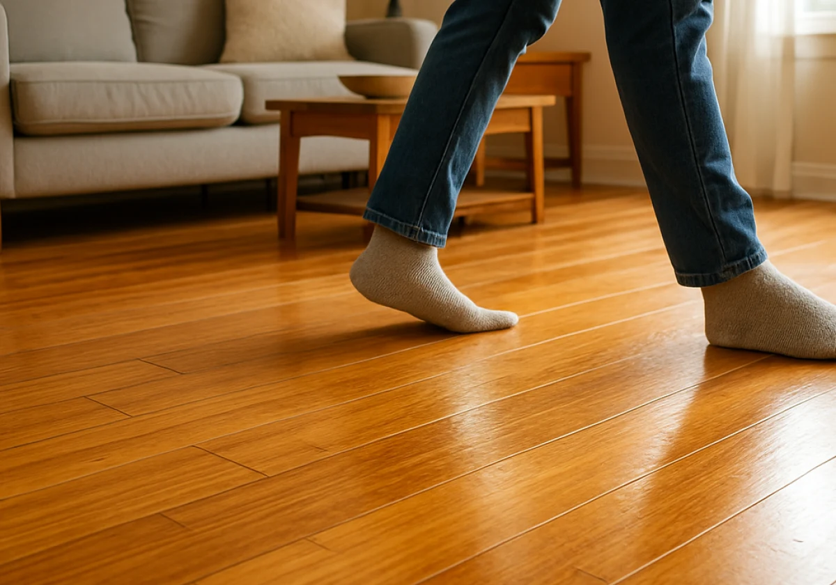 Residential living room with honey-colored bamboo hardwood flooring