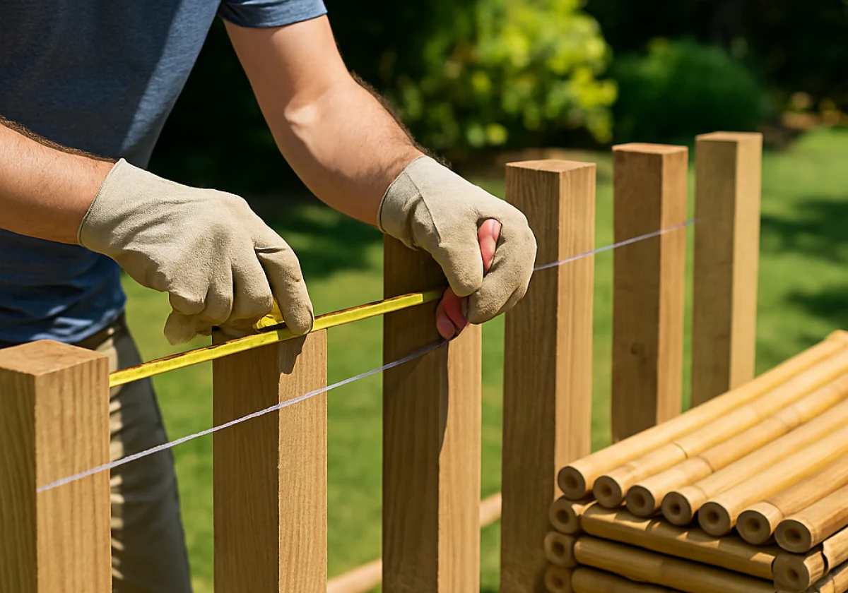 Person in work gloves marking a chalk clearance line across timber