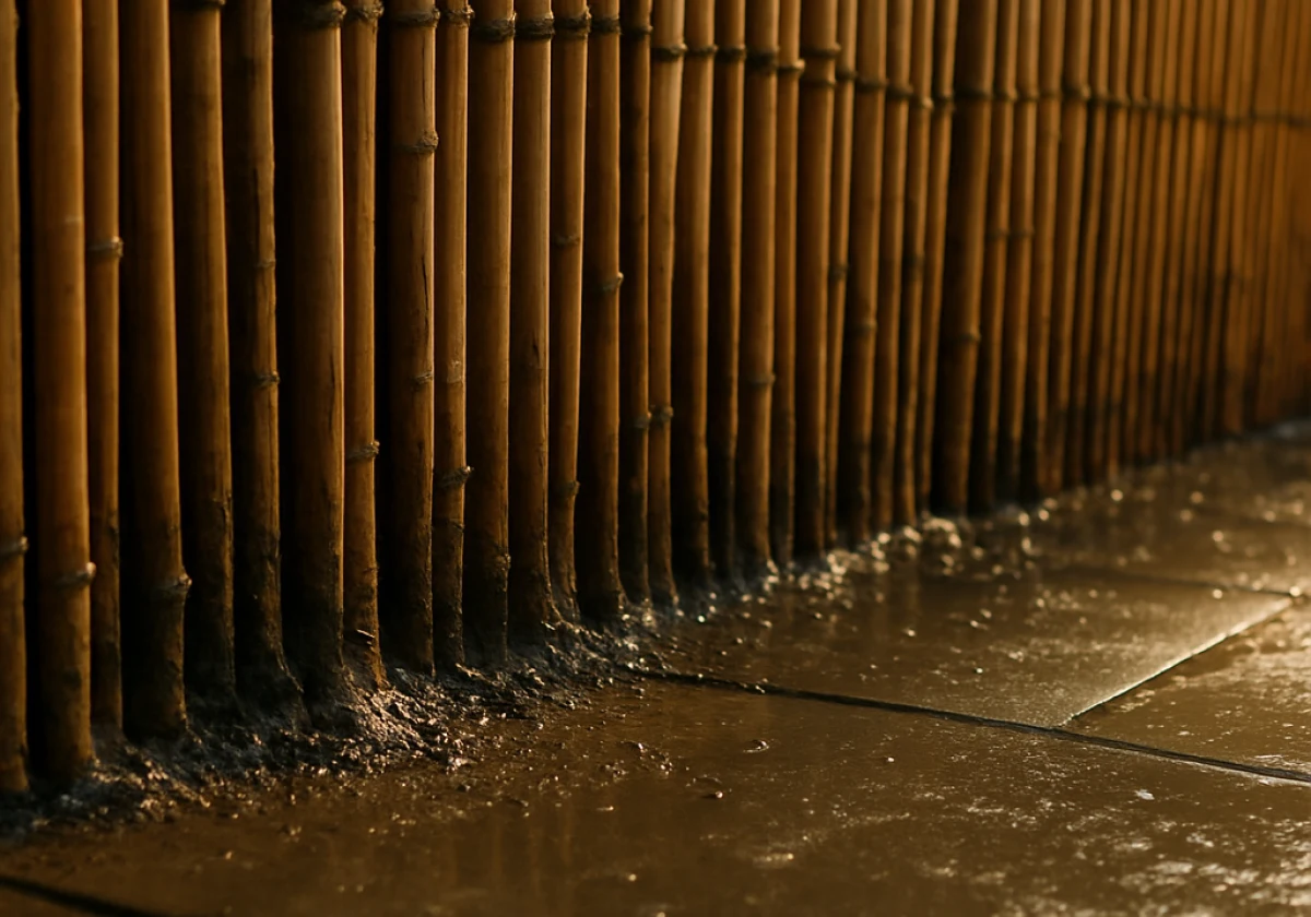 Ground-level view of a bamboo fence screen where it meets a wet patio