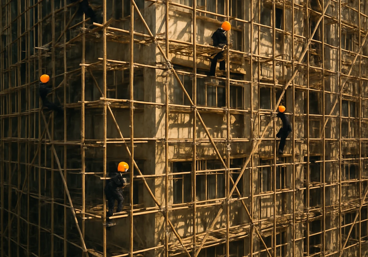 Tall residential building in Hong Kong covered in brown bamboo pole