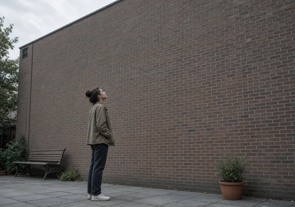 Woman in casual clothes standing in a residential courtyard