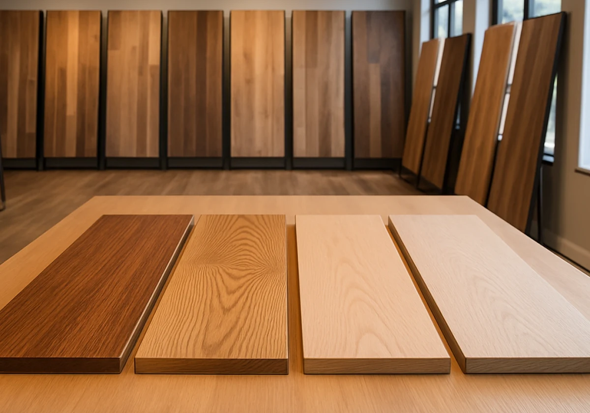 Wood flooring showroom with sample planks of strand woven bamboo